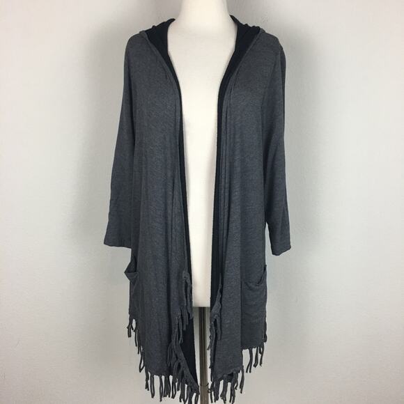 Chico's Zenergy Gray Knit Fringe Hooded Cardigan size 2 - Picture 1 of 7